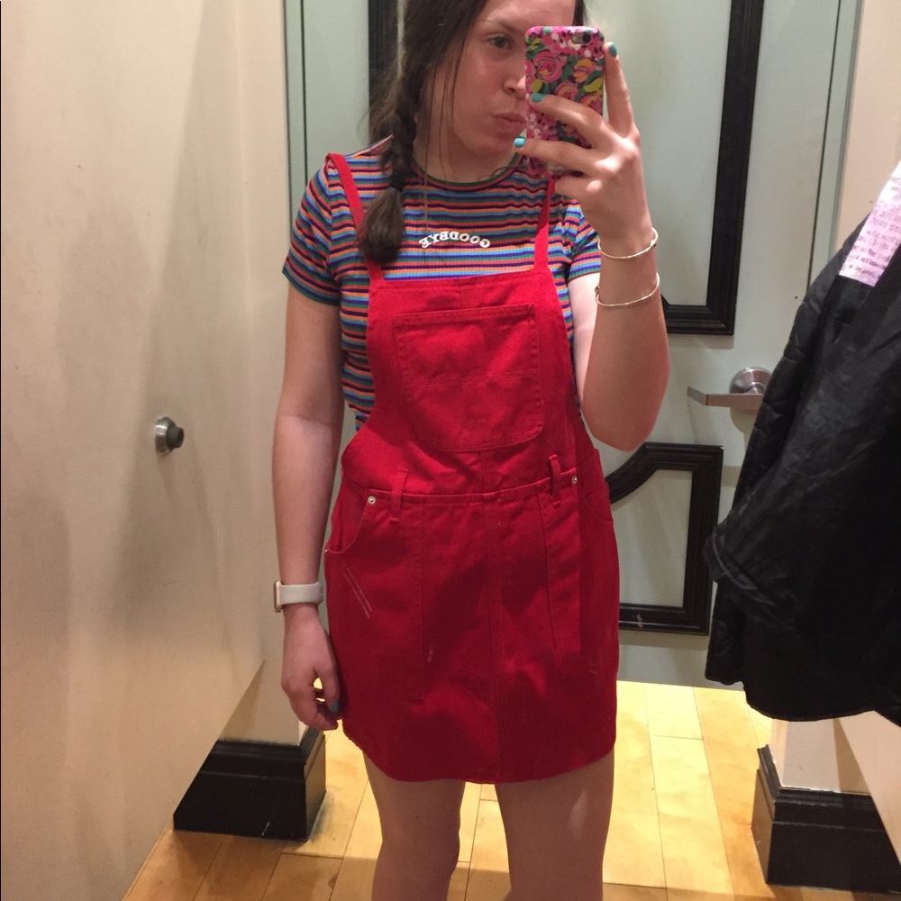 red overall dress